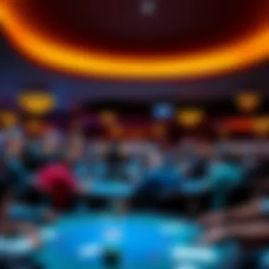 The bustling atmosphere of a casino poker room filled with eager players at their tables.
