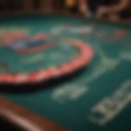 A close-up view of a blackjack table layout showcasing various betting options.