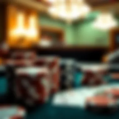 Close-up of poker chips and cards ready for play in a high-stakes environment.