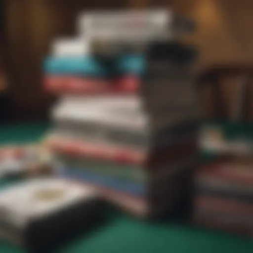 An array of poker books stacked together showcasing diverse covers