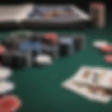 A close-up of poker chips and cards with a book in the background