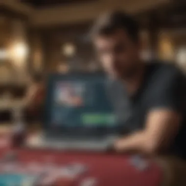 Player engaging with an online poker platform on a laptop