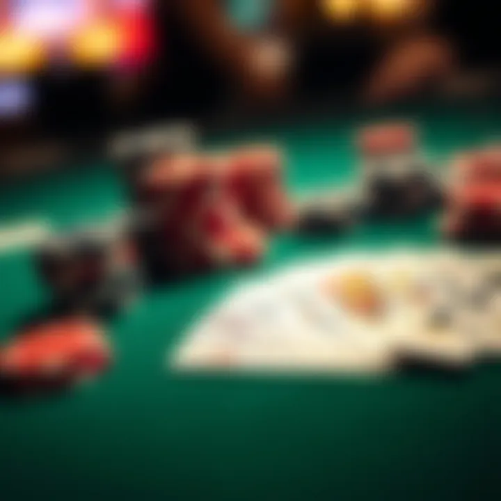 Close-up of poker chips and cards on a table