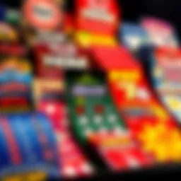 Vibrant scratch-off ticket display showcasing various designs