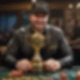 Phil Hellmuth showcasing his championship trophy