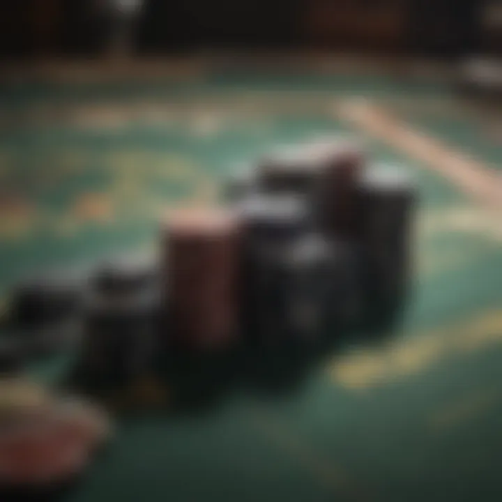 A close-up of poker chips and cards on a table