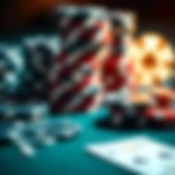 Close-up of poker chips and cards on a table