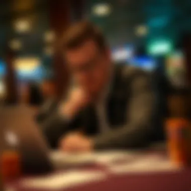Strategizing for Success A focused gambler strategizing bets with a laptop and notes