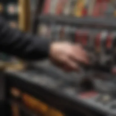 Close-up of a player's hand pulling the lever on a classic slot machine