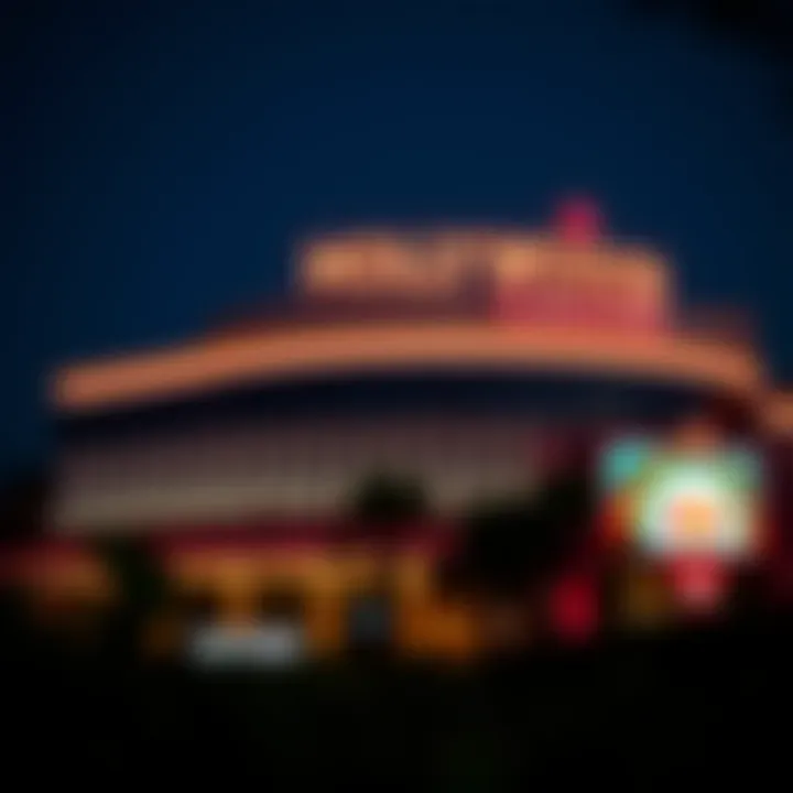 The exterior of the Hollywood Casino illuminated at night, creating a captivating ambiance