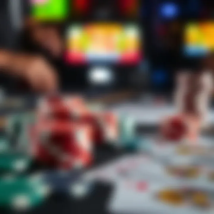Close-up of gaming chips and cards with a strategic layout