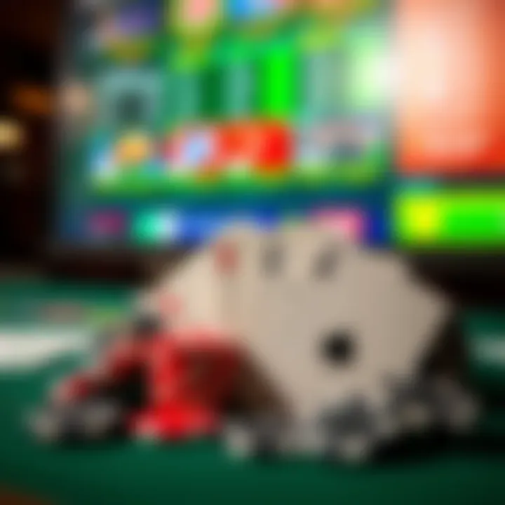 A collection of casino chips and cards set against a backdrop of a digital screen