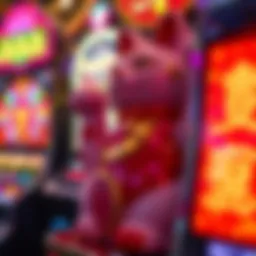 A vibrant Lucky Cat slot machine with glowing displays