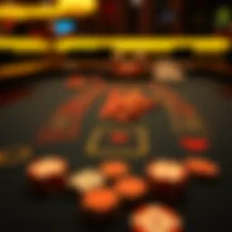 A detailed layout of a blackjack table with chips