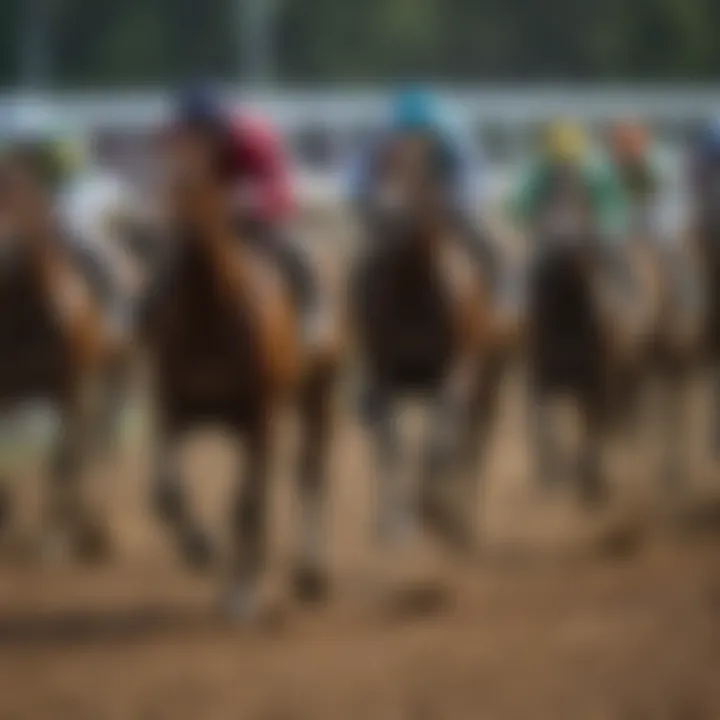 A group of thoroughbred horses racing on a digital screen