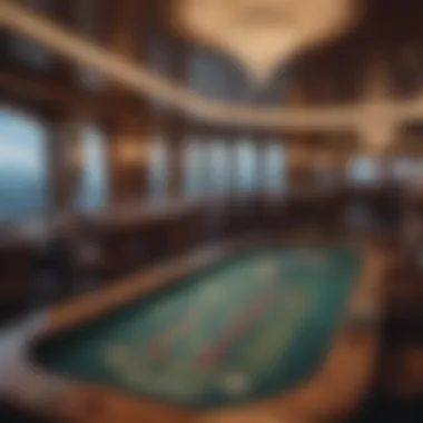 A luxurious casino setup on a yacht with gaming tables