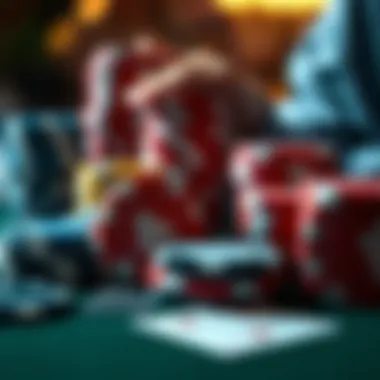 A close-up of poker chips and cards in action