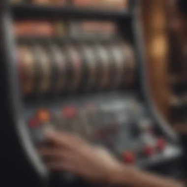 Engaging with Progressive Slots: A Player's Perspective A close-up of a player's hand interacting with a progressive slot machine, emphasizing player engagement.