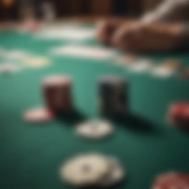 Close-up of a poker table with chips and cards