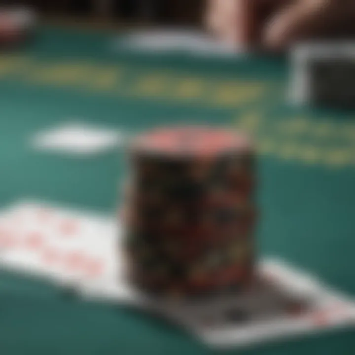 A close-up of Blackjack cards and chips on the table