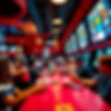 Interior view of a sportsbook social club showcasing vibrant interactions among bettors.