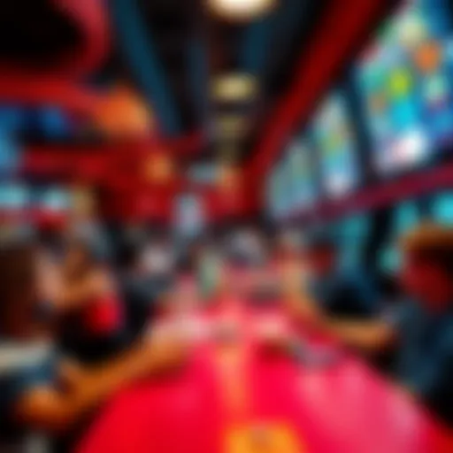 Interior view of a sportsbook social club showcasing vibrant interactions among bettors.