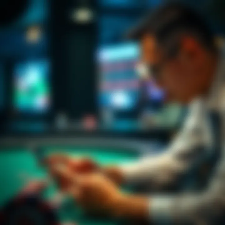 A player engaging with a mobile device, contemplating strategies